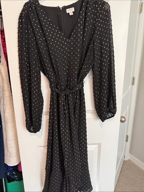 J. Crew Black Long-Sleeve Midi Dress with Gold Dot Embellishments
